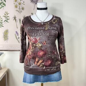 Vtg 90s Y2k Bling Embellished Rose Butterfly Top Fairy Grunge Forest Romantic M